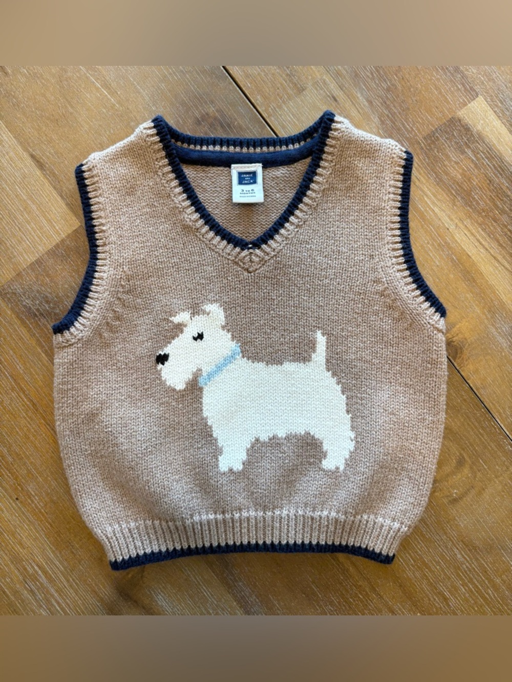 Janie and Jack Camel Knit Vest with Navy Trim and White Dog Motif